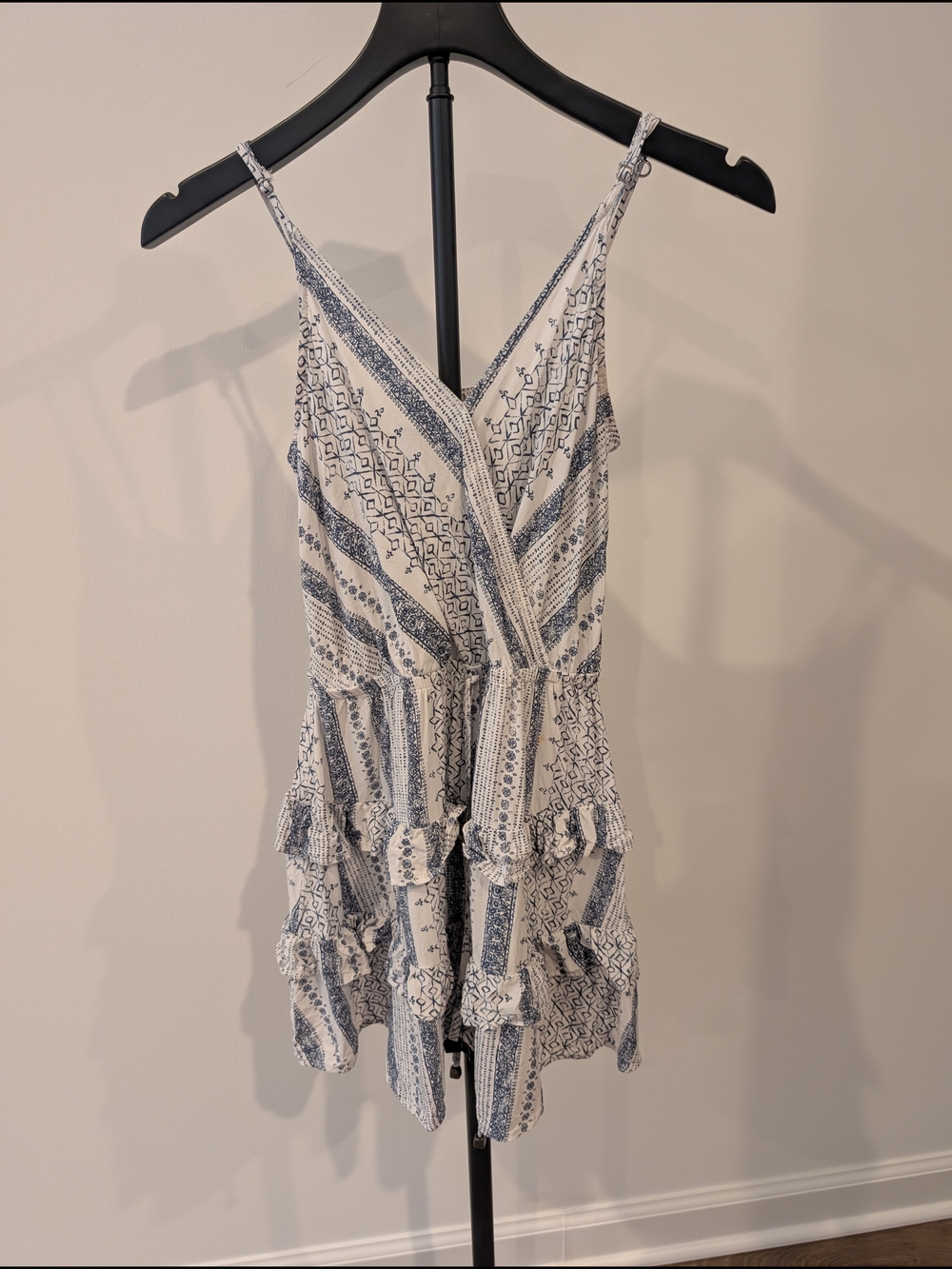 Ocean Drive White and Blue Printed Bohemian Mini Dress Medium